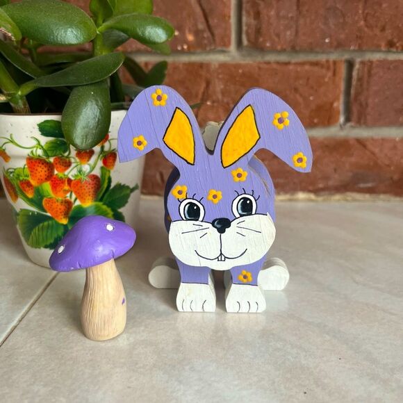 1990s Hand Painted Purple Layered Bunny Wood Craft Spring Decor - Picture 1 of 6